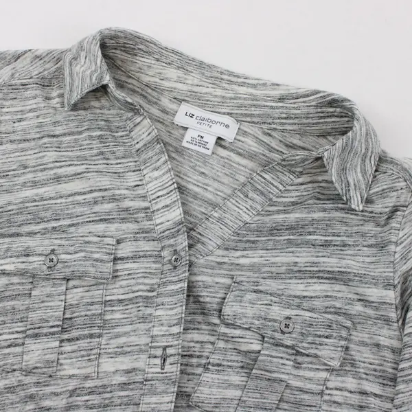 Liz Claiborne Petite M Gray White Striped Button Up Blouse