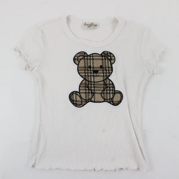 Amy Byer Children's White T-Shirt with Bear Graphic and Ruffled Ends S(7-8)