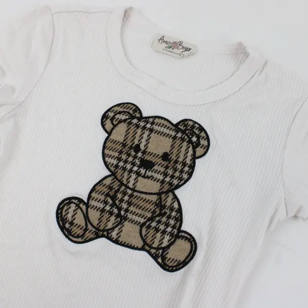 Amy Byer Children's White T-Shirt with Bear Graphic and Ruffled Ends S(7-8)