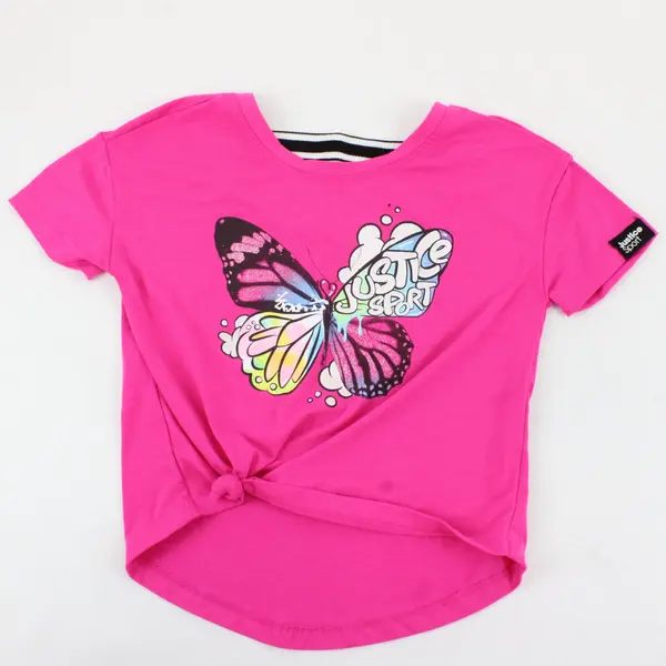 Justice Sport Pink Butterfly Graphic T-Shirt Girls Size S(7-8) Knotted Front