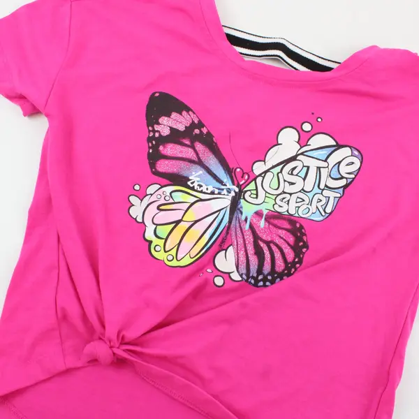 Justice Sport Pink Butterfly Graphic T-Shirt Girls Size S(7-8) Knotted Front