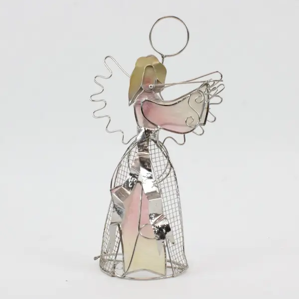 Iridescent Capiz Shell Silver Tone Wire Angel Figurine Trumpet