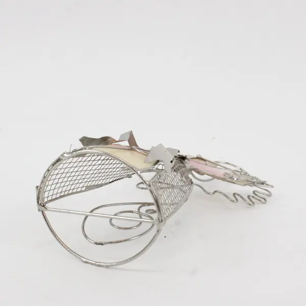 Iridescent Capiz Shell Silver Tone Wire Angel Figurine Trumpet