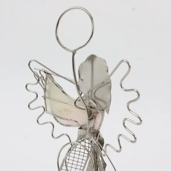 Iridescent Capiz Shell Silver Tone Wire Angel Figurine Trumpet