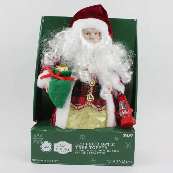 Holiday Time 12in LED Fiber Optic Santa Christmas Tree Topper w Box