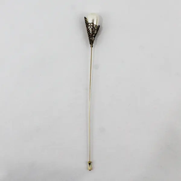 Vintage Gold Tone Faux Pearl Hat Stick Pin 7.5in Long