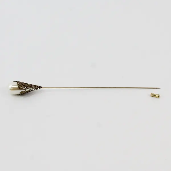 Vintage Gold Tone Faux Pearl Hat Stick Pin 7.5in Long