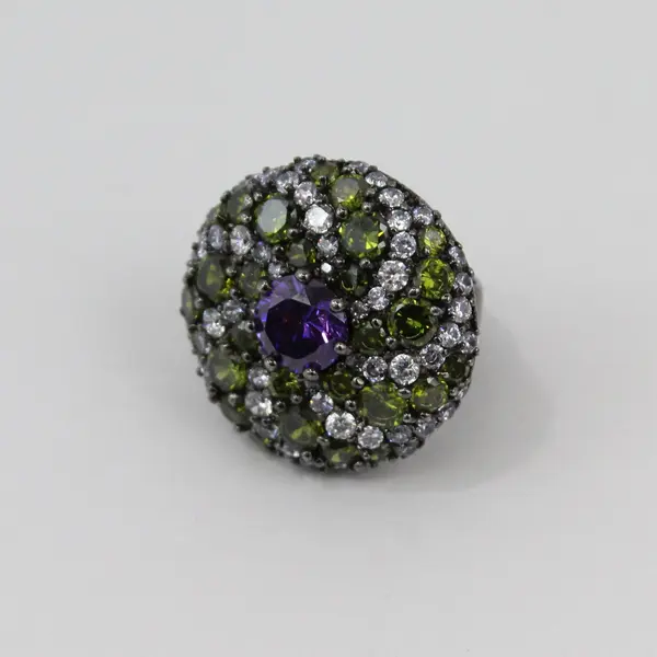 Gemstone Cluster Cocktail Ring Amethyst Peridot Rhinestone Size 7.75