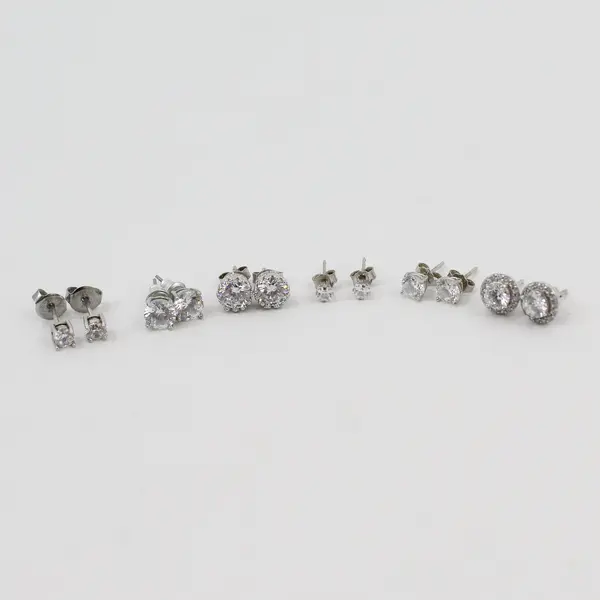 Lot of 6 Pairs Diamond Simulant Silver-Tone Stud Earrings
