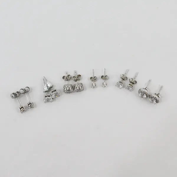 Lot of 6 Pairs Diamond Simulant Silver-Tone Stud Earrings