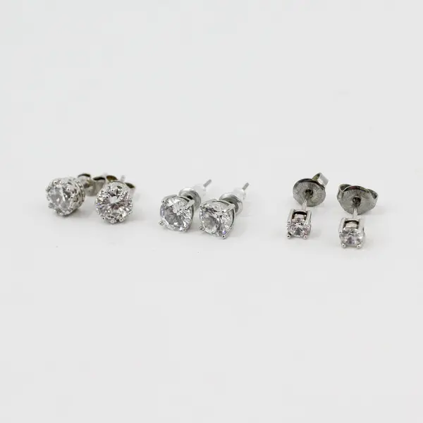 Lot of 6 Pairs Diamond Simulant Silver-Tone Stud Earrings
