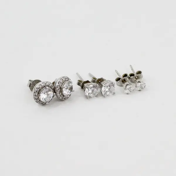 Lot of 6 Pairs Diamond Simulant Silver-Tone Stud Earrings