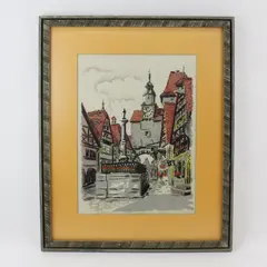 Vtg Scenic Plonlein Square Germany 1970s Needlepoint Framed 17.25" x 23.25"