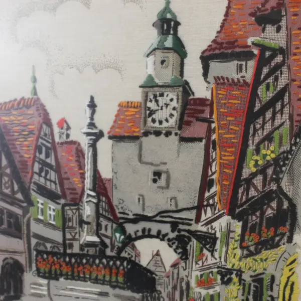 Vtg Scenic Plonlein Square Germany 1970s Needlepoint Framed 17.25" x 23.25"