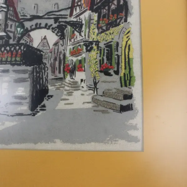 Vtg Scenic Plonlein Square Germany 1970s Needlepoint Framed 17.25" x 23.25"