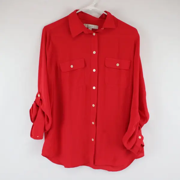 LOFT Women's Medium Red Roll Tab Sleeve Button Up Blouse