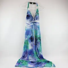 Cristinalove Women's Large Blue Green Multicolor Beaded Halter Sundress