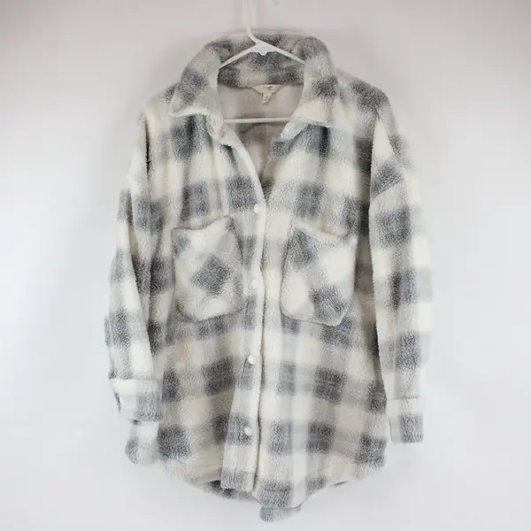 Terra & Sky Fleece Shirt Jacket Snap-Front Grey White Plaid 0X/14W