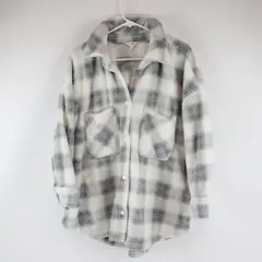 Terra & Sky Fleece Shirt Jacket Snap-Front Grey White Plaid 0X/14W