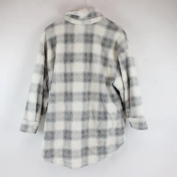 Terra & Sky Fleece Shirt Jacket Snap-Front Grey White Plaid 0X/14W