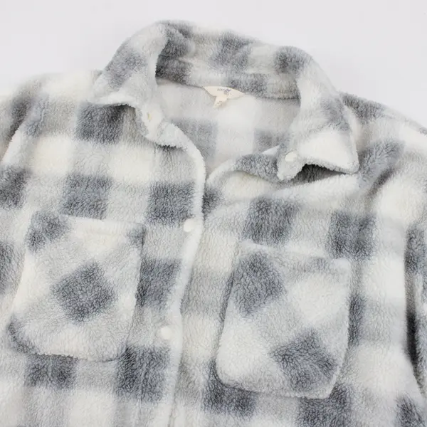 Terra & Sky Fleece Shirt Jacket Snap-Front Grey White Plaid 0X/14W