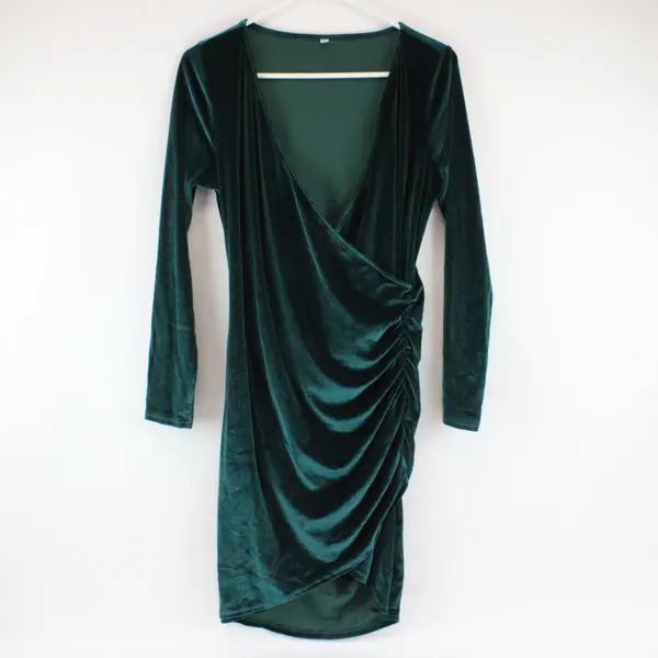 Womens Green Velvet Wrap V-Neck Ruched Long Sleeve Midi Dress Stretch L