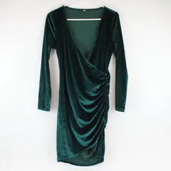 Womens Green Velvet Wrap V-Neck Ruched Long Sleeve Midi Dress Stretch L