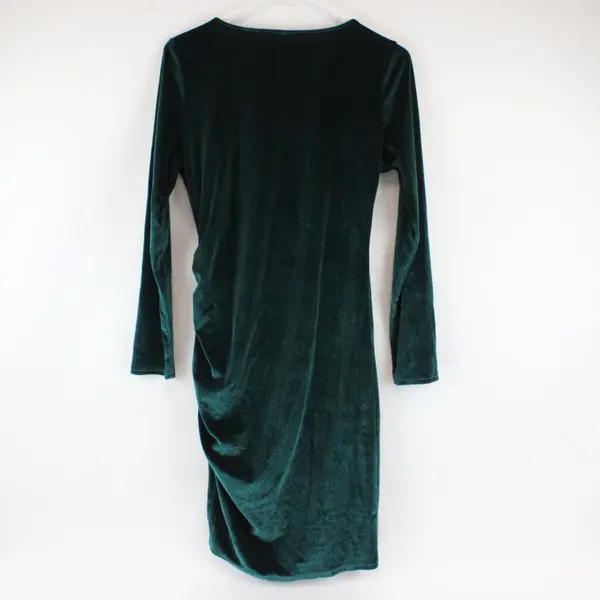 Womens Green Velvet Wrap V-Neck Ruched Long Sleeve Midi Dress Stretch L
