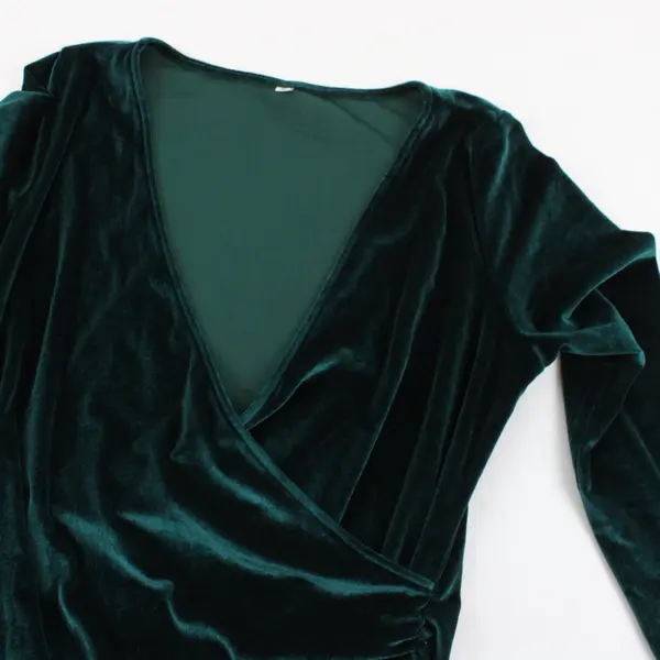 Womens Green Velvet Wrap V-Neck Ruched Long Sleeve Midi Dress Stretch L