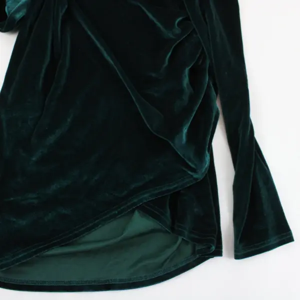 Womens Green Velvet Wrap V-Neck Ruched Long Sleeve Midi Dress Stretch L