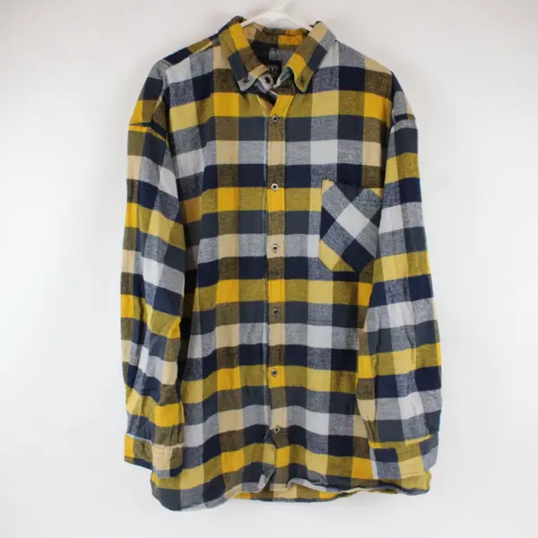 Key Blue and Yellow Plaid Flannel Button Up Long-Sleeve Shirt 2XL 100% Cotton