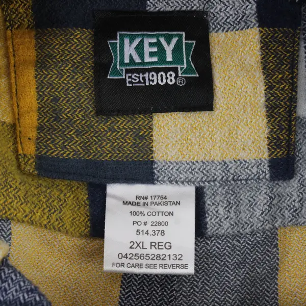 Key Blue and Yellow Plaid Flannel Button Up Long-Sleeve Shirt 2XL 100% Cotton