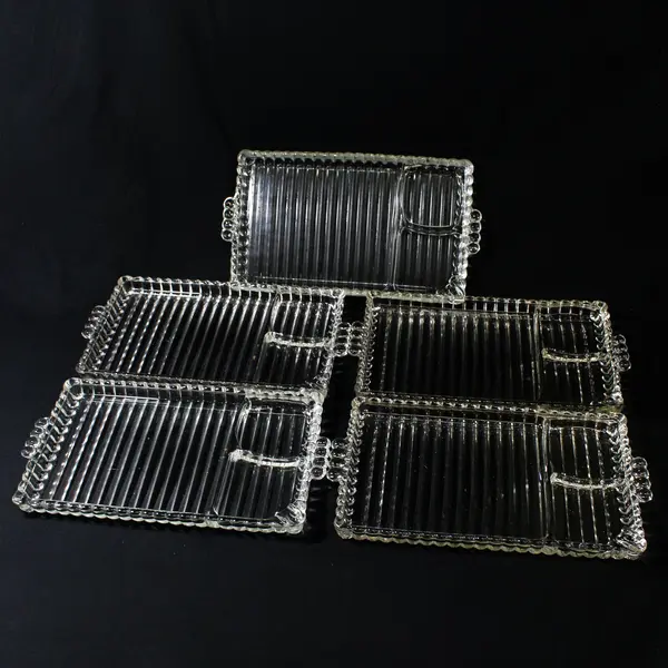 Lot of 5 Vtg Rectangular Hazel Atlas 1305 Clear Ribbed Glass Snack Trays No Cups