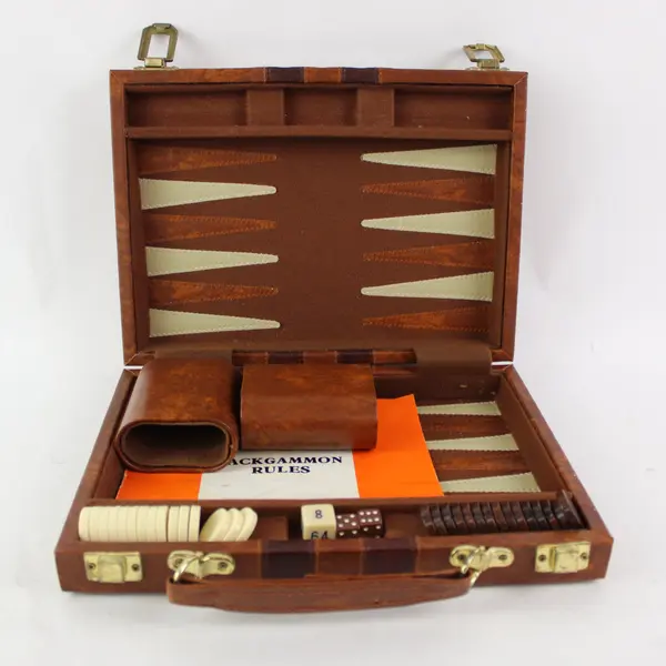 Vintage Backgammon Set Brown Faux Leather Travel Case Complete Unbranded