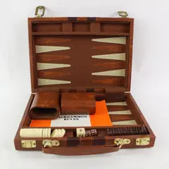 Vintage Backgammon Set Brown Faux Leather Travel Case Complete Unbranded