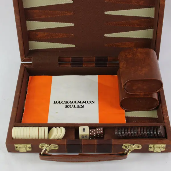 Vintage Backgammon Set Brown Faux Leather Travel Case Complete Unbranded