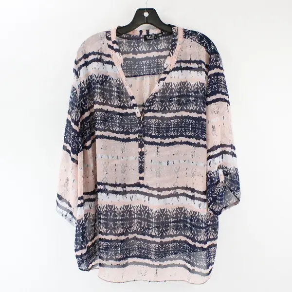 A.N.A Women's 3X Sheer Chiffon Boho Abstract Navy Pink Roll Tab Blouse