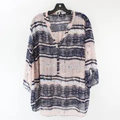 A.N.A Women's 3X Sheer Chiffon Boho Abstract Navy Pink Roll Tab Blouse