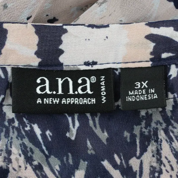 A.N.A Women's 3X Sheer Chiffon Boho Abstract Navy Pink Roll Tab Blouse