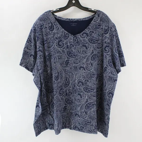 Catherines Shirt Short Sleeve V-Neck Navy and White Paisley Pattern Shirt 3X