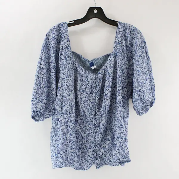 Old Navy Cropped Square Blouse Balloon Short Sleeve Blue Paisley Floral Sz 2X