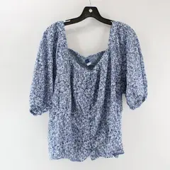 Old Navy Cropped Square Blouse Balloon Short Sleeve Blue Paisley Floral Sz 2X