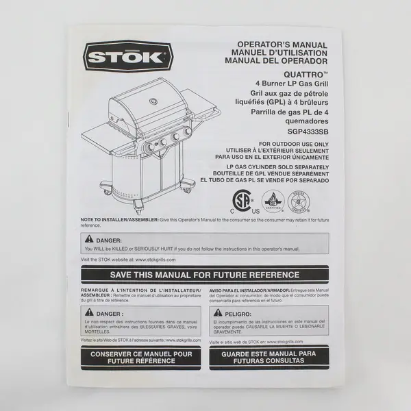 Stok Quattro 4 Burner LP Gas Grill Model SGP4333SB Operator's Manual