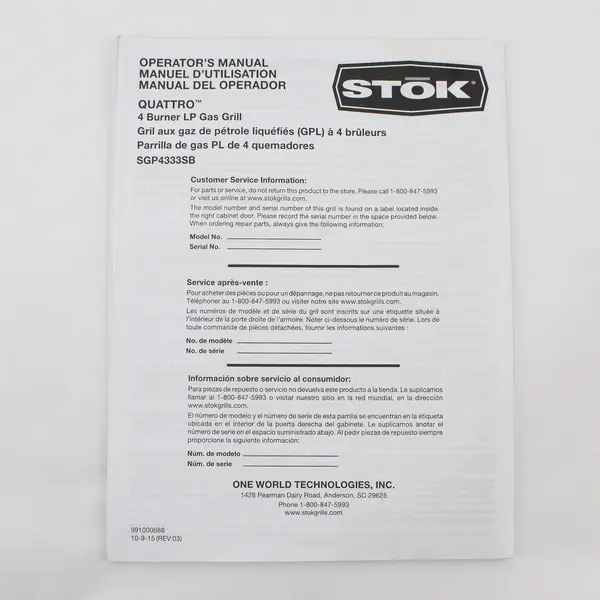 Stok Quattro 4 Burner LP Gas Grill Model SGP4333SB Operator's Manual