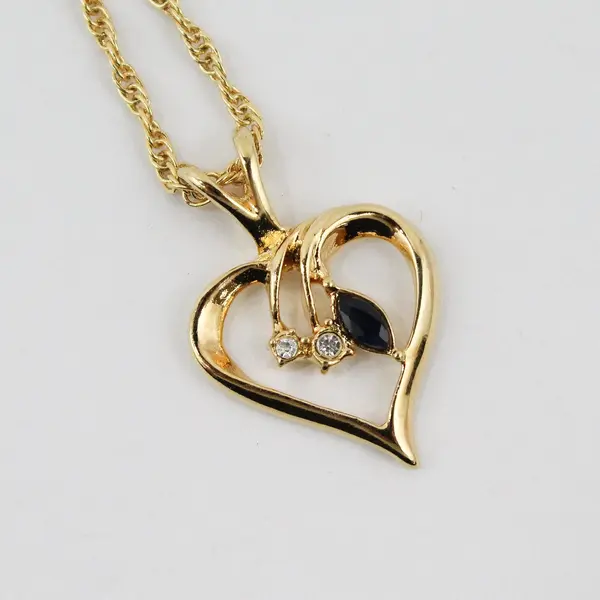Vintage Blue Clear Rhinestone Gold Tone Heart Pendant Necklace 19in