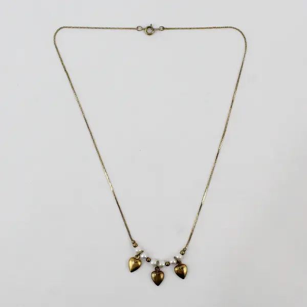 Vintage Faux Pearl Gold Tone Heart Pendant Necklace 18in