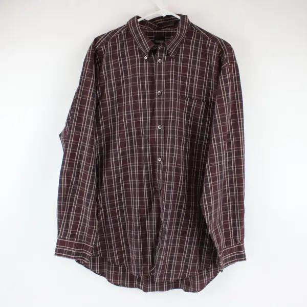 Dockers Slates Men XL Plaid Button Down Shirt Burgundy Gray Blue Long Sleeve