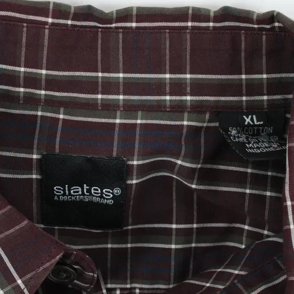 Dockers Slates Men XL Plaid Button Down Shirt Burgundy Gray Blue Long Sleeve