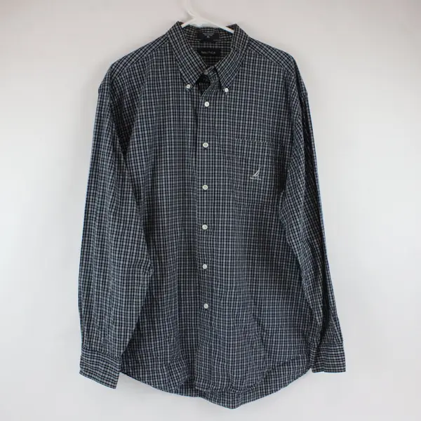 Nautica Mens XL Navy White Plaid Long Sleeve Button Down Shirt FLAW