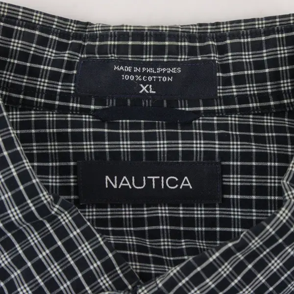 Nautica Mens XL Navy White Plaid Long Sleeve Button Down Shirt FLAW